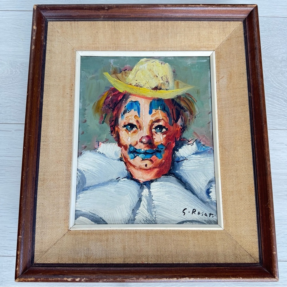 Vintage Oil Painting Framed Clown Portrait Expressionism Artist Signed